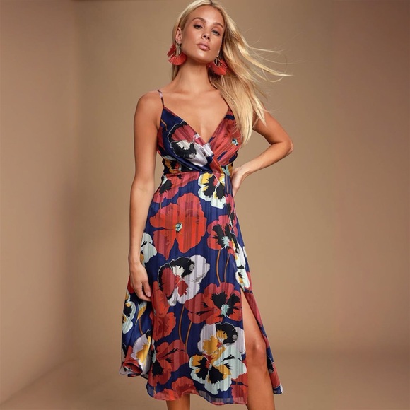 Lulus All About Love Royal Blue Floral Print Midi Dress Size XS - Picture 3 of 8